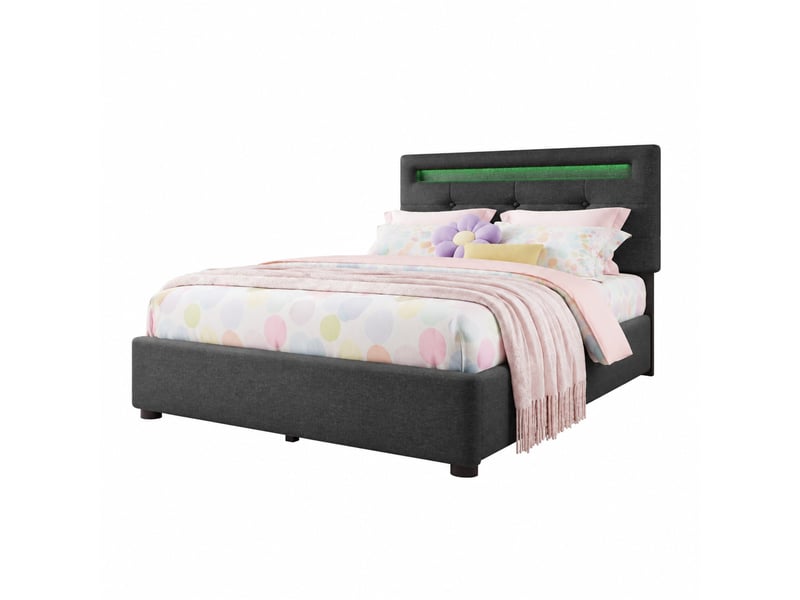  Lit simple 90x200 cm, tiroirs, lit enfant, tête réglable, boutons décoratifs, bandes, avec éclairage led incluse, tissu lin gris, sans matelas  - Conforama A