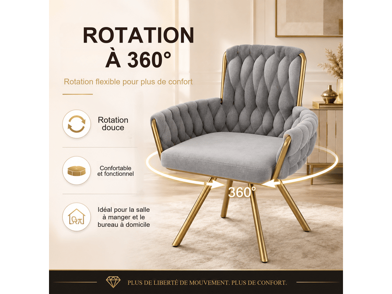  Lot de 4 chaises de salle à manger pivotantes 360° en velours gris, avec accoudoirs et pieds métal doré  - Conforama D