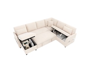 Canapé d'angle droit convertible <strong>MODENUIT </strong> <strong></strong> 6 places Polyester beige avec coffre de rangement