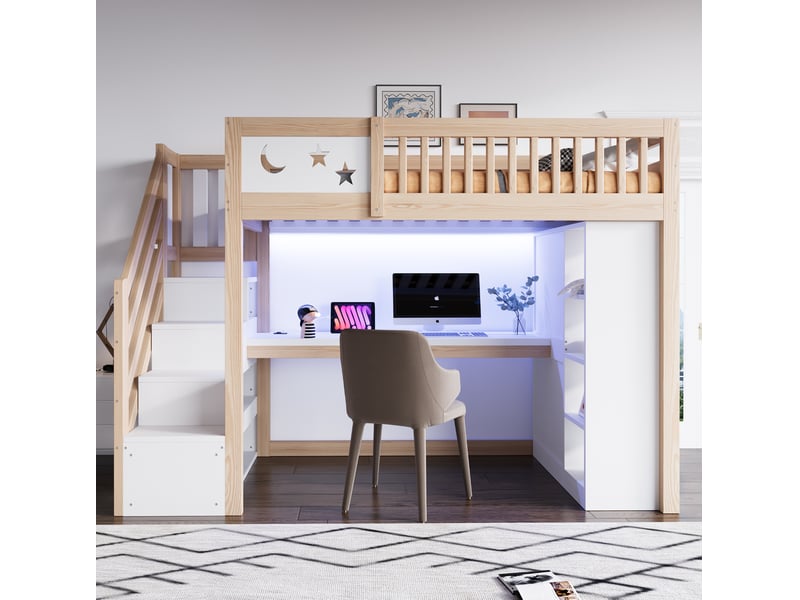  Lit mezzanine 90x200 cm avec bureau, éclairage led  et prises en bois et mdf couleur blanc et bois naturel sans matelas  - Conforama B