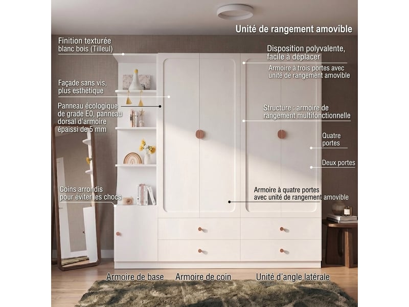  Armoire 3 portes 120x50x200 cm blanche et bois avec 2 penderies  - Conforama B