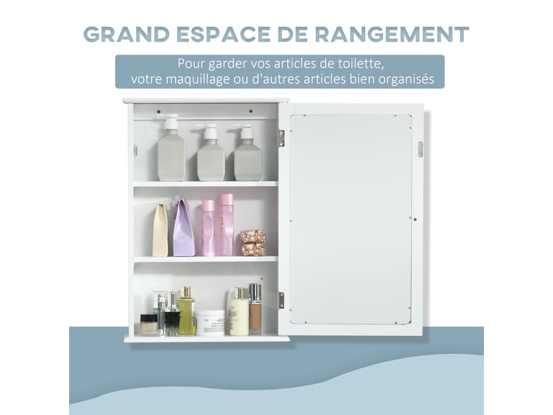  Armoire murale de salle de bain avec miroir - armoire à glace - 1 porte, 2 étagères - placard de rangement toilettes - verre mdf blanc  - Conforama D