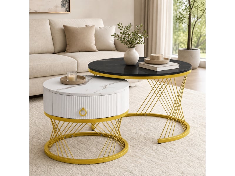 Lot de 2 tables basses gigognes rondes avec tiroir et plateaux effet marbre - Conforama C