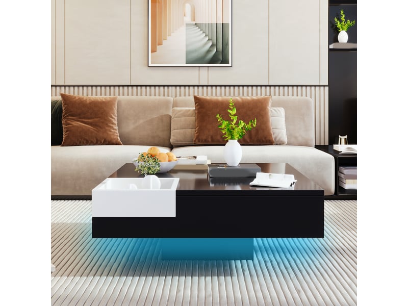  Table basse 72x72x30 cm avec éclairage led et boîte de rangement amovible, plateau carré, panneaux brillants, noir et blanc ABC - Conforama D