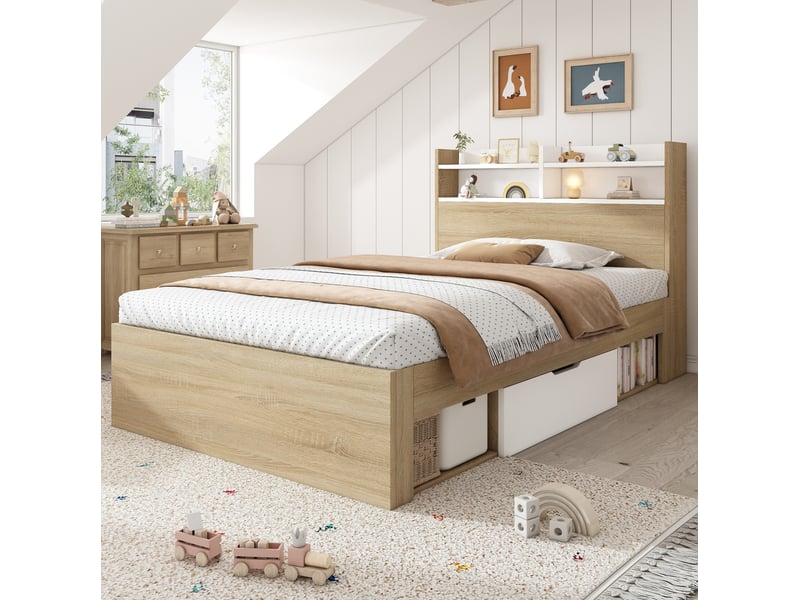 Lit enfant 90x200 cm – blanc et chêne – rangement latéral, tête de lit à 4 niches – sans matelas - Conforama B