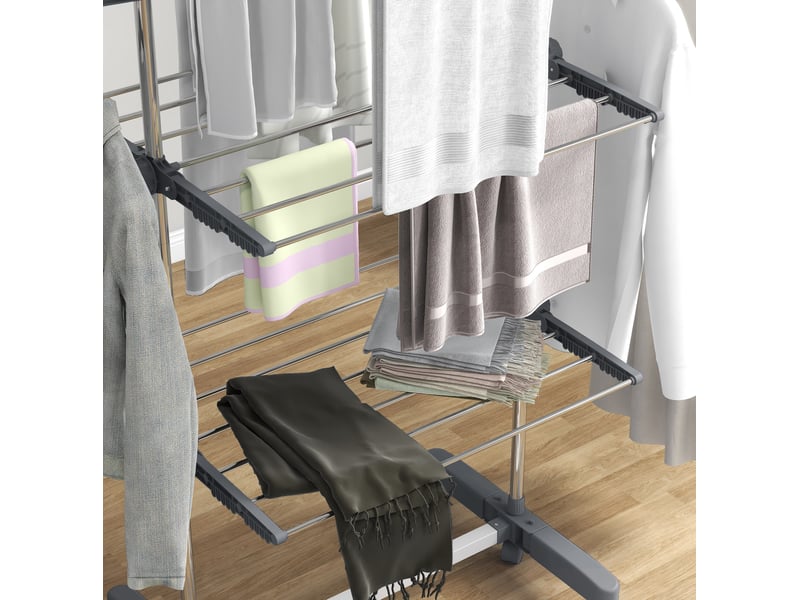 Séchoir à linge tour pliable 3 niveaux en acier gris avec roulettes - Conforama D