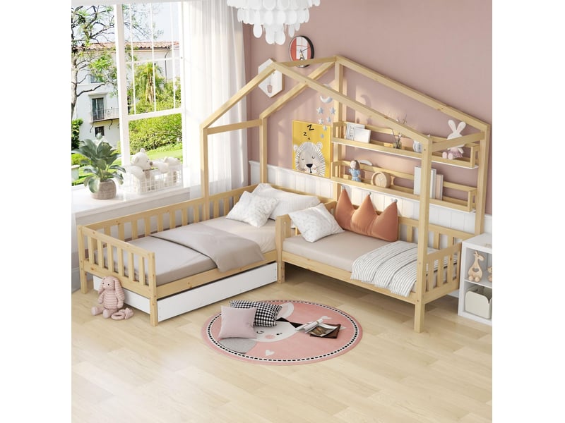 Lit enfant cabane en l 90x200 et 140x70 cm avec tiroir, étagères, barrières, naturel  - Conforama E