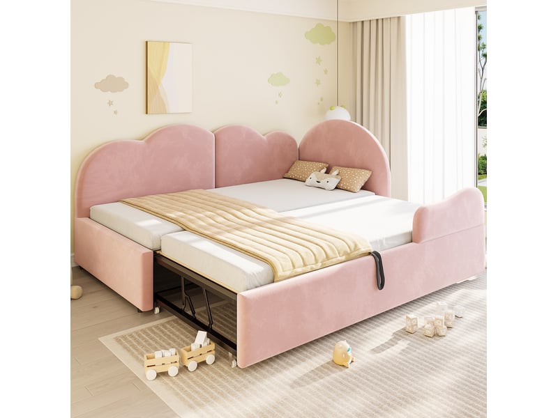  Lit banquette extensible convertible en l (90x200+90x190) avec tête de lit nuageuse en tissu velours rose - design espace optimisé, sans matelas  - Conforama B