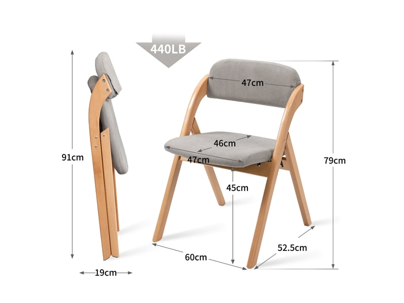  Lot de 2 chaises pliantes 60x52,5x79 cm, faciles à ranger, housse amovible, assise matelassée, gris, en bois  - Conforama C