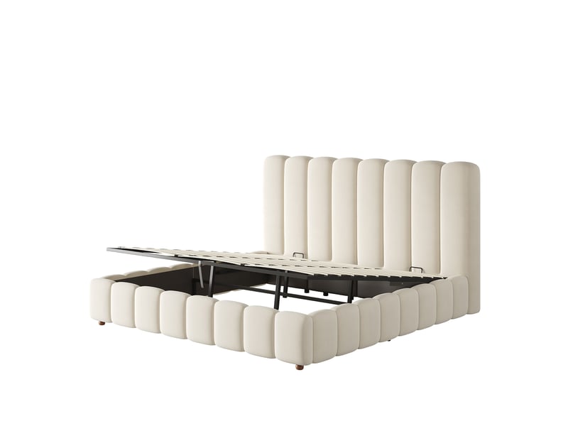  Lit capitonné, lit double, 180 x 200 cm, sommier à lattes, tête de lit rembourrée, grand espace de rangement, beige, velours  - Conforama D