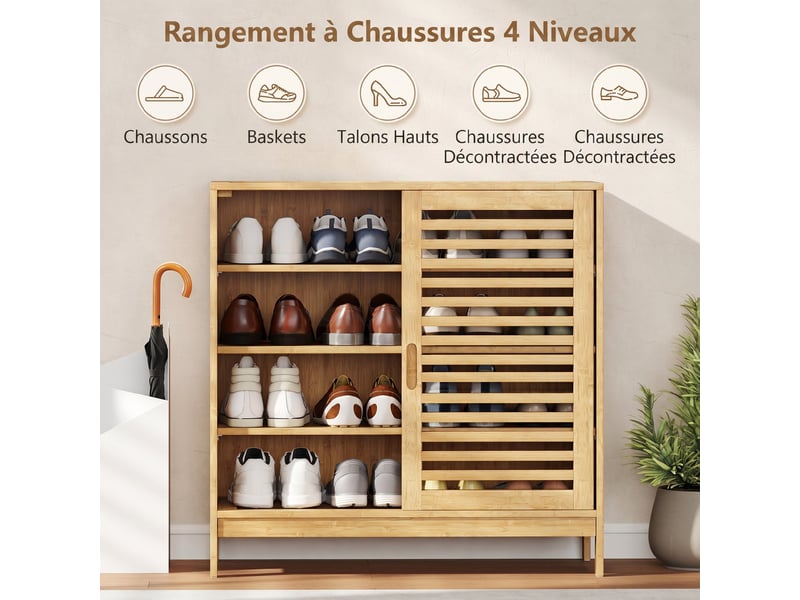  Meuble à chaussures en bambou 16 paires, armoire à chaussures, 2 portes coulissantes, étagères réglables, bois naturel  - Conforama E