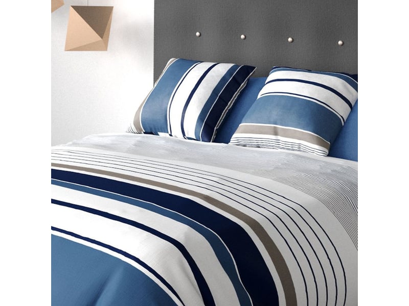 Parure housse de couette 260x240cm + 2 taies motif rayé bleu et blanc 100% coton - beliazy BELIAZY - Conforama C