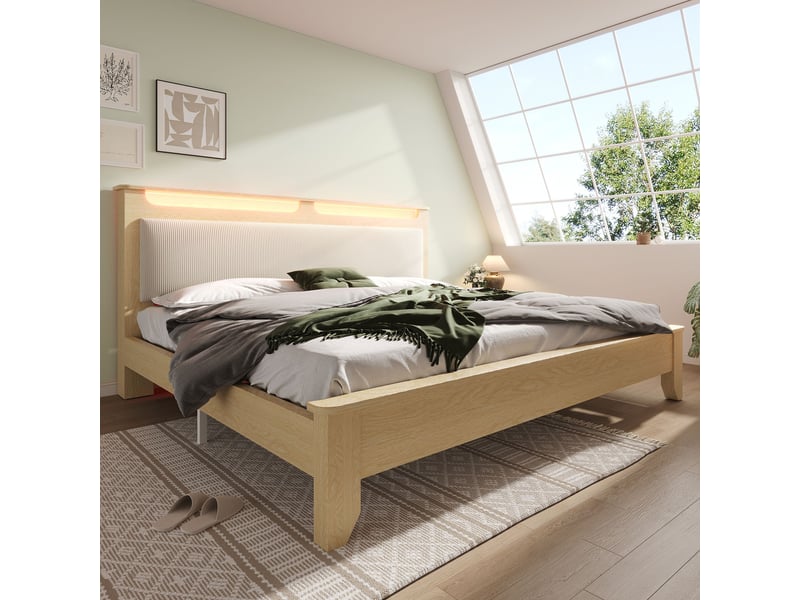  Lit double 140x200 cm en bois, tête de lit avec rangement et led, rembourrage en velours côtelé beige, finition chêne clair  - Conforama B