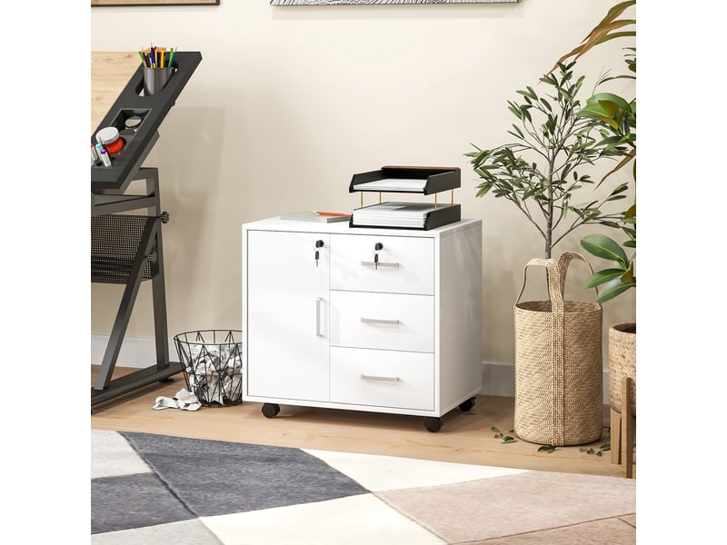  Classeur de bureau à 3 tiroirs et 3 étagères réglables, en bois, 60 x 40 x 56 cm, blanc  - Conforama D