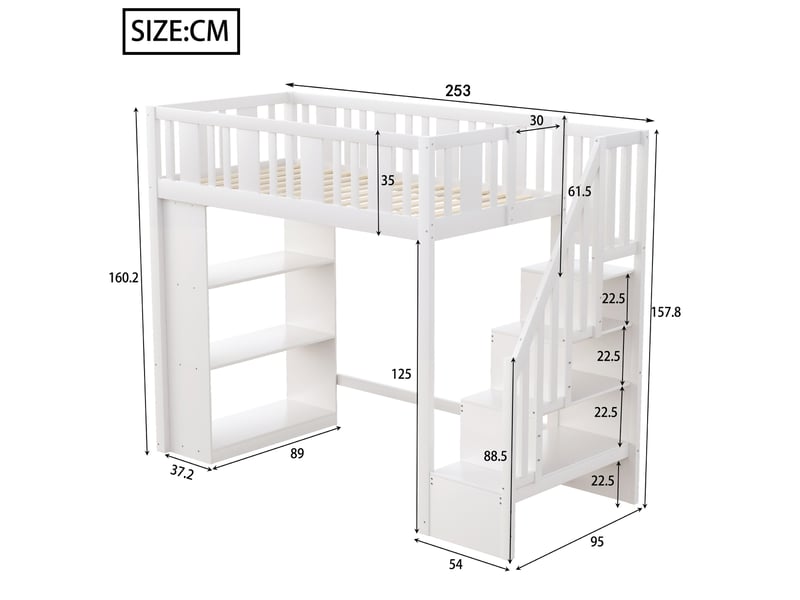  Lit mezzanine tcqpz 90 x 200 cm avec escalier de rangement, 3 compartiments, 15 lattes, bois blanc  - Conforama C