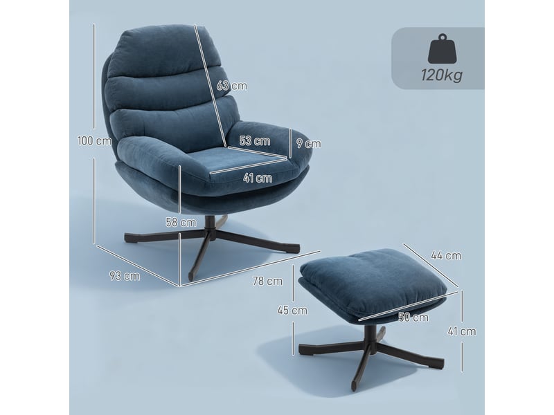  Fauteuil inclinable avec repose-pieds, fauteuil lounge en tissu chenille, fauteuil tv moderne, 78 x 93 x 100 cm, bleu  - Conforama E
