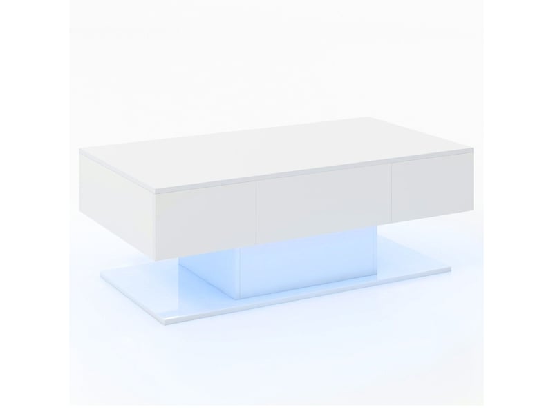  Design blanc laqué brillant table basse led télécommande 2 tiroirs et étagère rangement 110x60x40cm pour salon moderne  - Conforama A