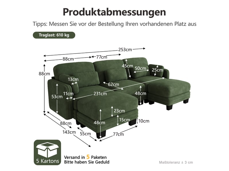  Canapé panoramique modulable en u 3 places avec 2 poufs, assise large et profonde, tissu chenille vert, cadre bois massif, 253 x 143 x 88 cm  - Conforama D
