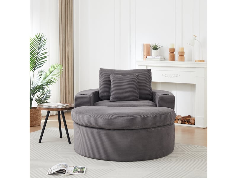  Fauteuil lounge xxl 156 x 136 x 88 cm avec pouf, rangement, porte-gobelet et double coussin, velours côtelé, mousse et ressorts, gris OMNIGLINT TRADING LTD - Conforama C