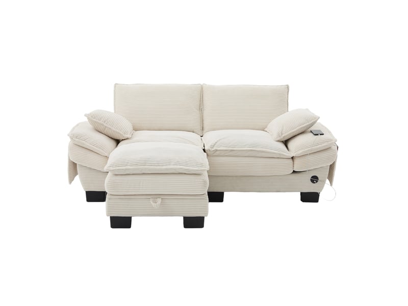 Canapé modulaire 2 places en velours côtelé avec coffre, assise large, usb-c et poches latérales, beige - Conforama A