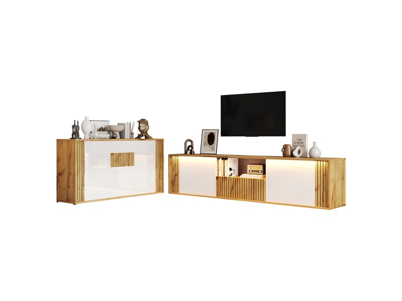  Ensemble 2 pièces bicolore blancnaturel, meuble tv 180×40×51 cm et buffet 140×35×71 cm, en mdf et aggloméré, avec led  - Conforama A