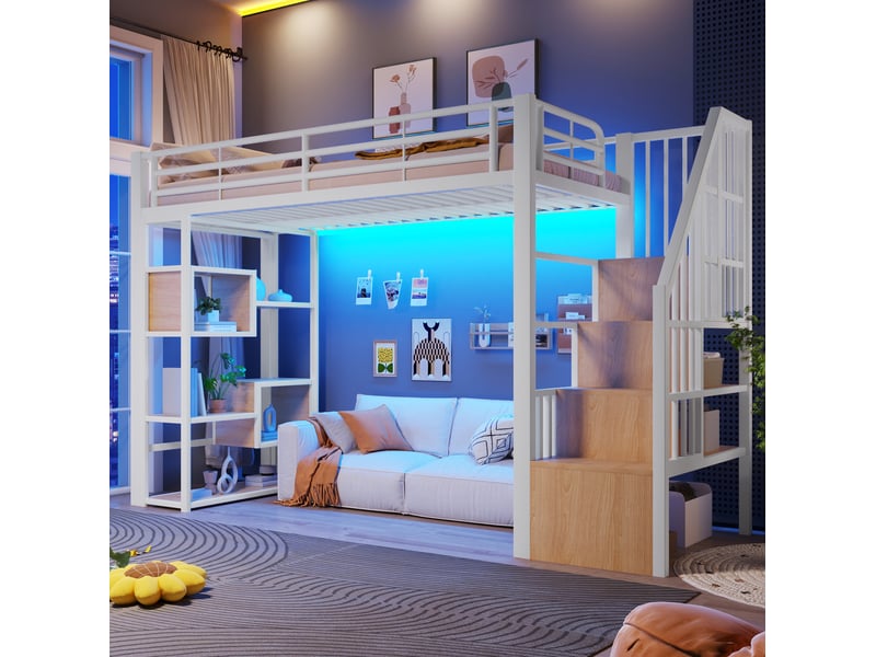 Lit mezzanine enfant 90x200 cm avec led et rangements coloris blanc - Conforama D