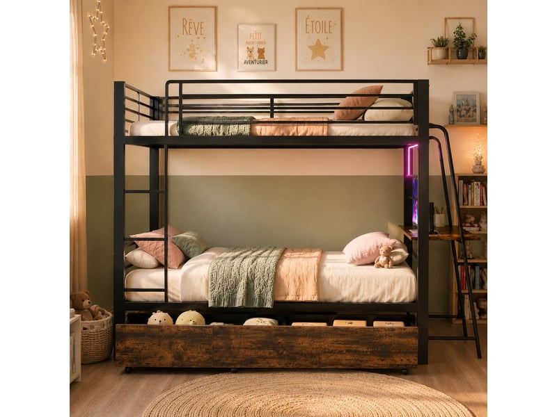  Lit superposé métal 2 x 90 x 200 cm avec bureau, led rgb, prise eu, usb et type-c, 2 tiroirs, garde-corps, noir  - Conforama B