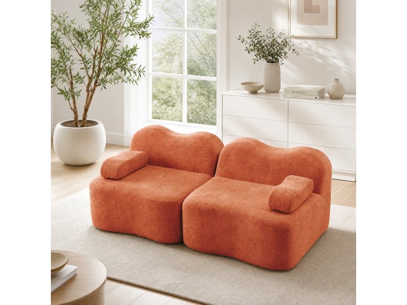  Canapé modulaire 2 places en velours orange, forme ondulée et coussin d'accoudoir mobile pour votre salon  - Conforama B