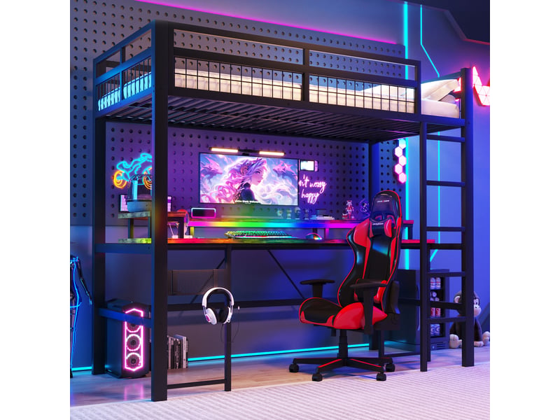  Lit mezzanine 90 x 200 cm, fer, led multicolore, bureau, 1 usb et 1 usb-c et 2 prises, panneau perforé, noir, sans matelas  - Conforama C