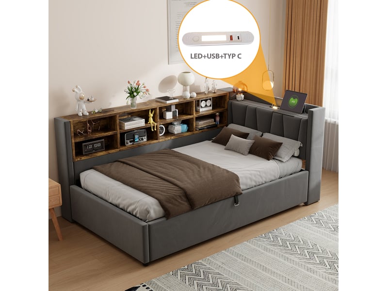  Lit coffre 90x200, tête rembourrée lumière nuit, ports usb et type c, rangements latéraux, velours gris sans matelas  - Conforama W