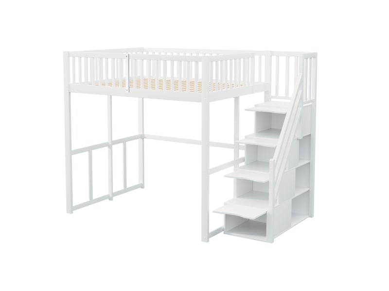 Lit mezzanine enfant 140x200 cm – blanc – escalier de rangement et garde-corps sécurisés - sans matelas - Conforama D