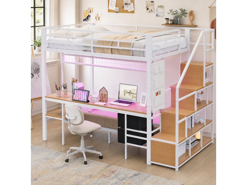  Lit mezzanine combiné 140x200 cm avec lit inférieur, bureau et led blanc  - Conforama B