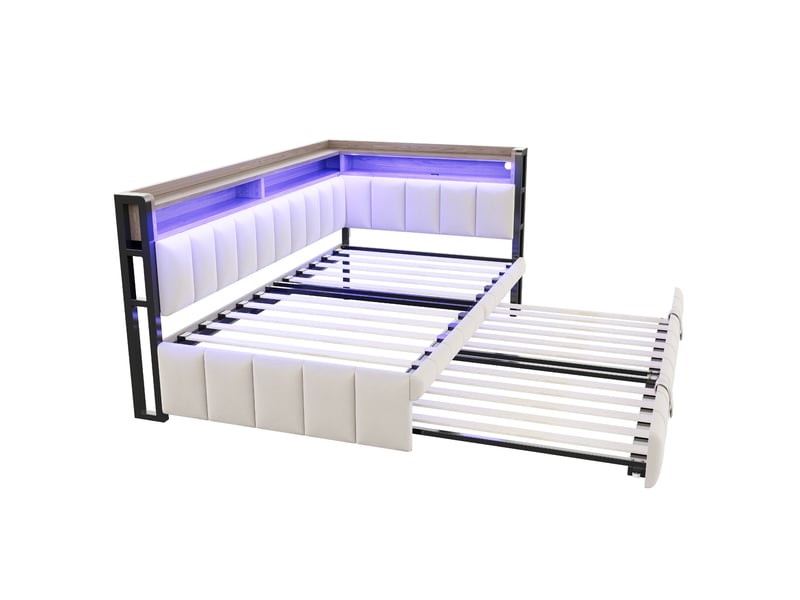  Lit gigogne simple 90 × 200 cm et 90 × 190 cm avec led réglable, usb, usb-c et étagères, sans matelas, beige  - Conforama E