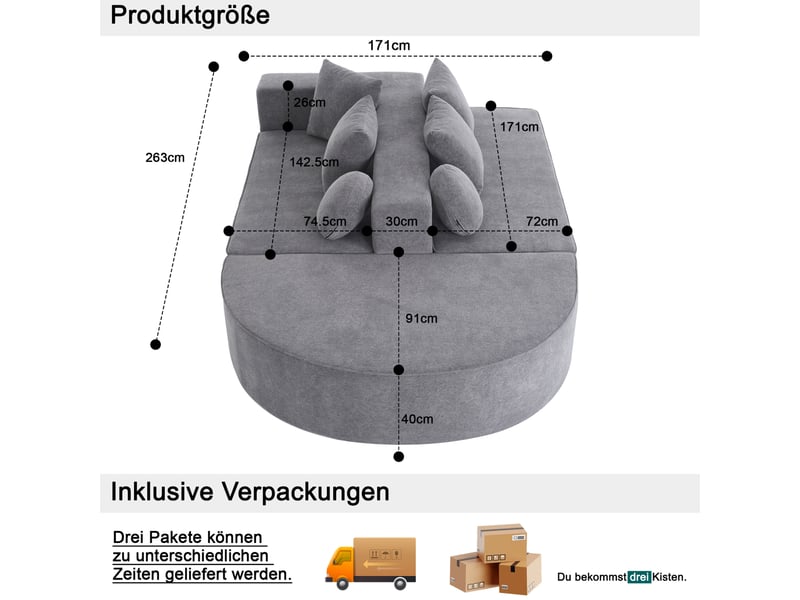  Canapé modulaire convertible 5 places en tissu gris, 263 cm, mousse intégrale et sans montage pour le salon  - Conforama C