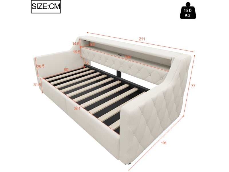 Lit banquette 90x200 cm équipé de bande led, levage hydraulique, mdf, beige, matelas non fourni  - Conforama C