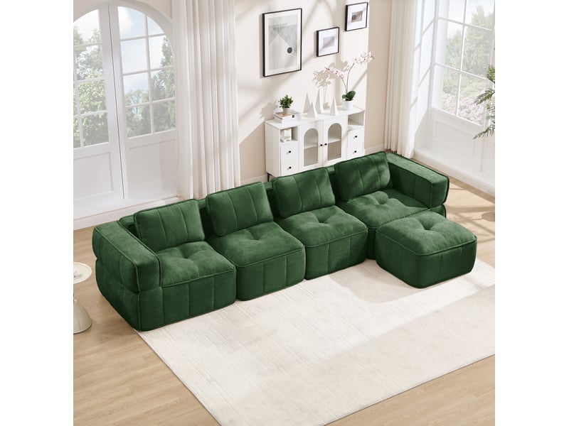  Canapé modulaire d'angle 4 places sans cadre avec pouf, assise profonde en mousse 32d, tissu polyester vert  - Conforama E