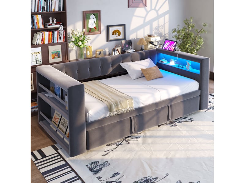  Lit double 180x190 cm convertible avec led et rangement en flanelle gris foncé  - Conforama D