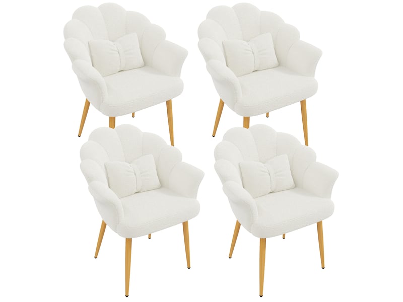  Lot de 4 fauteuils de salle à manger 64x65,5x85 cm, dossier pétale, coussins, pieds en fer doré, tissu blanc  - Conforama A