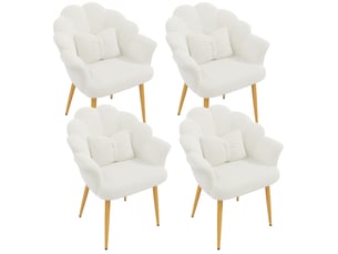 Lot de 4 fauteuils de salle à manger 64x65,5x85 cm, dossier pétale, coussins, pieds en fer doré, tissu blanc
