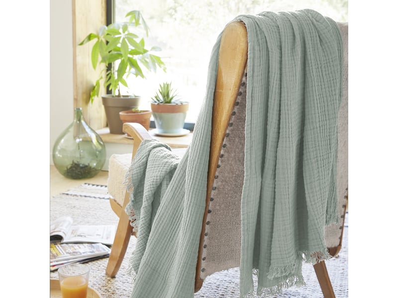  Plaid à franges 180x220 cm gaze de coton eucalyptus PD20934 - Conforama B