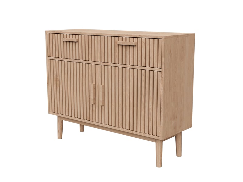  Buffet de cuisine 100 x 35 x 80 cm - bois clair - meuble de rangement avec 2 tiroirs, 2 portes et façade à lattes, style scandinave et japonais  - Conforama A