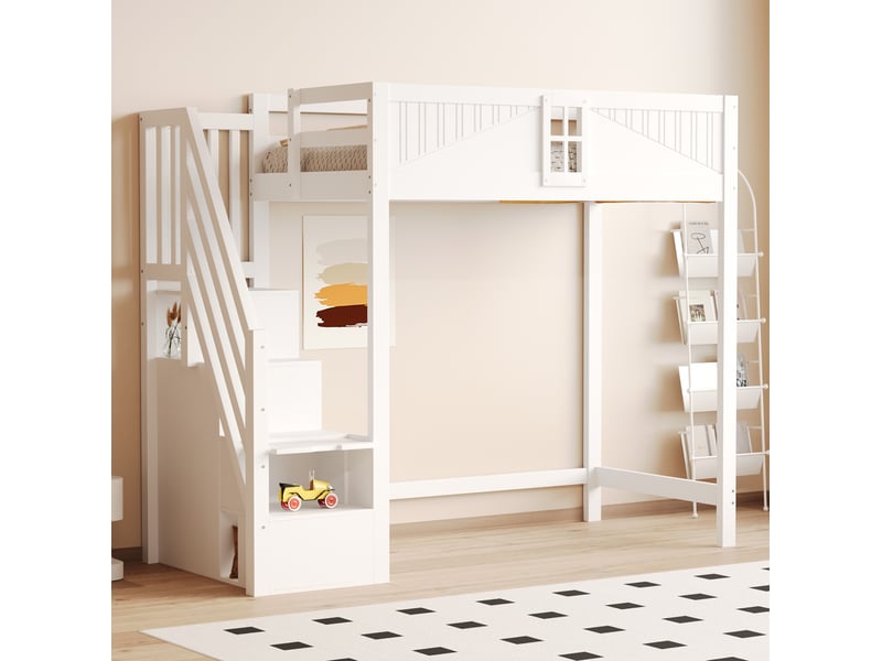  Lit mezzanine 90 x 200 cm blanc avec échelle réversible et rangement latéral  - Conforama E