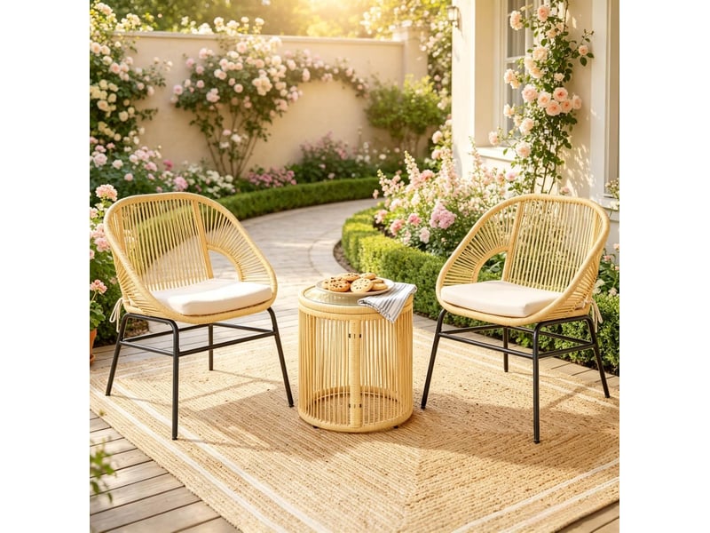 Salon de jardin 2 places beige en résine tressée avec table ronde en verre trempé et coussins amovibles - Conforama E
