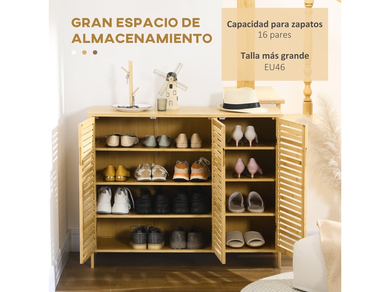  Meuble à chaussures en bambou naturel à 3 portes, étagères réglables pour 16 paires de chaussures, anti-basculement, 100 x 35 x 80 cm  - Conforama E