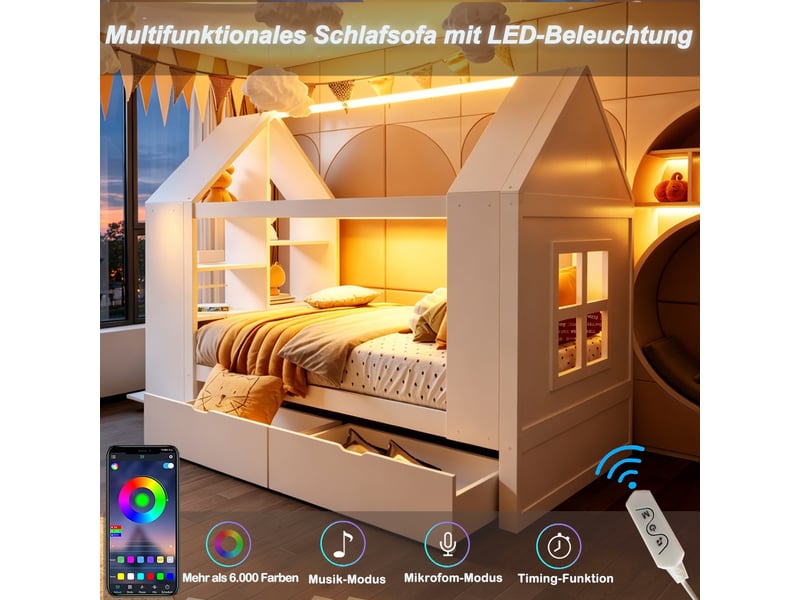  Lit cabane 90x200 cm, lit enfant, 2 tiroirs, led, forme maison, bois blanc  - Conforama R