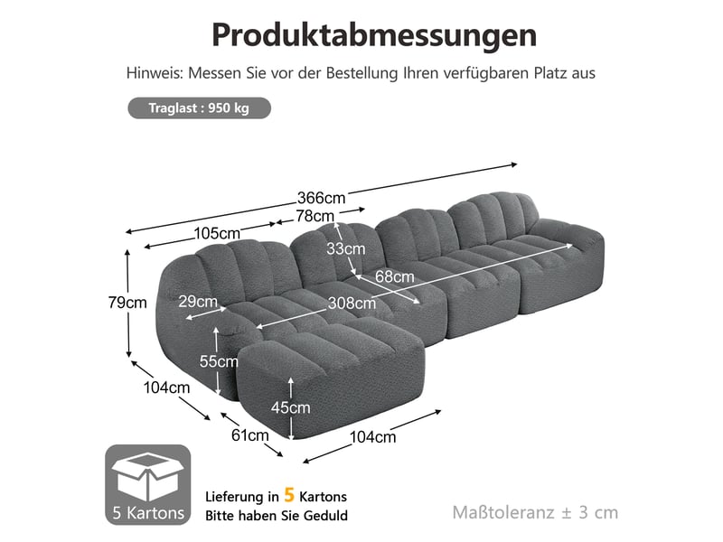  Canapé d’angle coquille 4 places avec pouf gris – 366 x 165 x 79 cm Fay Lum - Conforama C