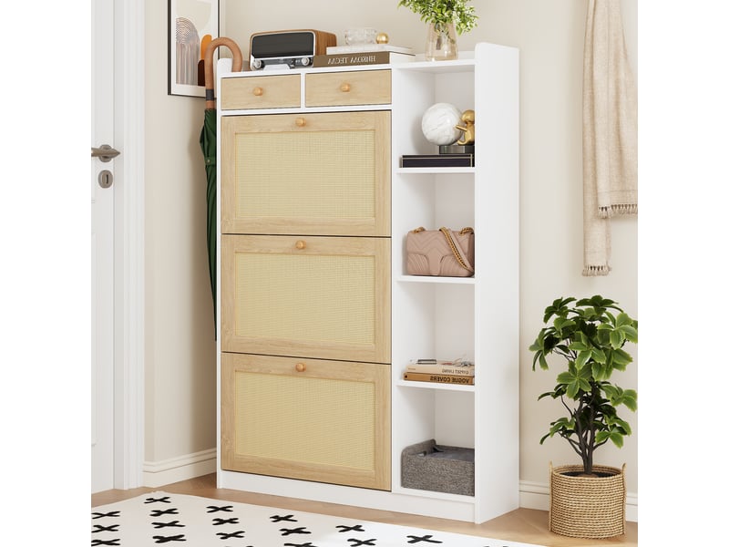  Meuble à chaussures rotin 3 abattants et 2 tiroirs, armoire étroite 24cm avec étagères, blanc et naturel  - Conforama W