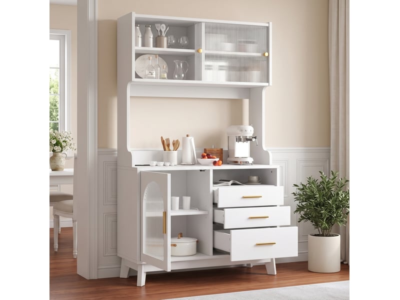  Buffet haut avec 3 portes, 3 tiroirs, prise double et ports usb pour salle à manger blanc 100,5 × 40 × 178 cm  - Conforama D
