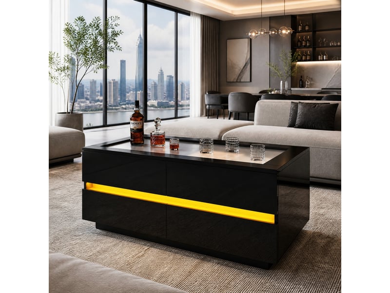  Table basse 100x50x40 cm en panneaux de particules et verre trempé avec 4 tiroirs et led noire chicfurn  - Conforama C
