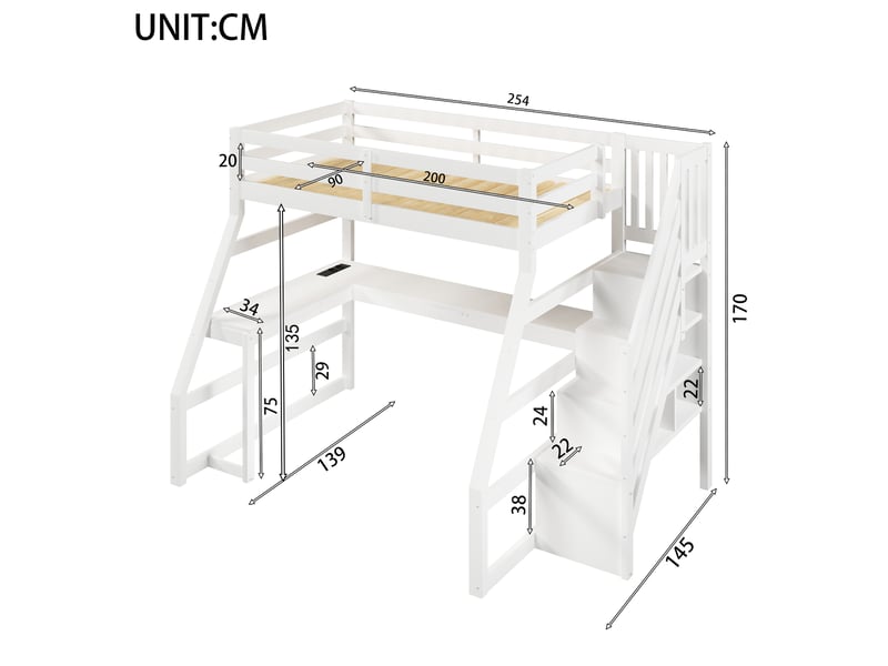  Lit mezzanine 90x200 cm blanc, avec bureau l, led, usb, escalier de rangement 3 compartiments, sommier inclus, sans matelas  - Conforama C